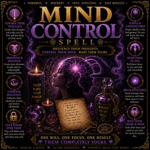 Może przedstawiać: Ciemnofioletowy i złoty plakat graficzny zatytułowany MIND CONTROL SPELL. Przedstawia centralny profil osoby ze świecącym mózgiem, otoczony świecami, kryształową kulą, szklaną butelką z etykietą BOUND TO MY WILL oraz notatką na pergaminie.