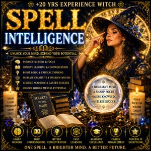 May include: A digital graphic featuring a person in a dark blue witch hat and robe, a glowing crystal ball, two candles with text, and an open book titled Secrets of the Mind. The text reads Spell Intelligence, Unlock Your Mind, and other phrases.