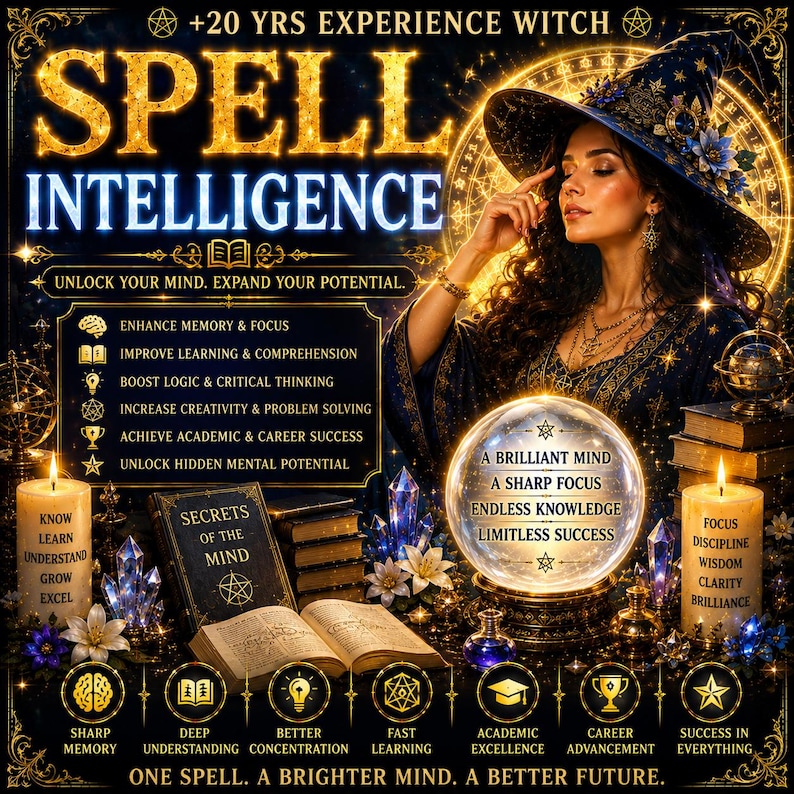 May include: A digital graphic featuring a person in a dark blue witch hat and robe, a glowing crystal ball, two candles with text, and an open book titled Secrets of the Mind. The text reads Spell Intelligence, Unlock Your Mind, and other phrases.