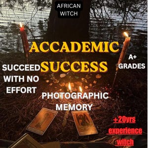 May include: Two lit red candles flank a circular arrangement of small stones and two tarot cards on a dark, needle-covered ground. Text overlays read: AFRICAN WITCH, ACCADEMIC SUCCESS, SUCCEED WITH NO EFFORT, A+ GRADES, PHOTOGRAPHIC MEMORY, +20yrs experience witch.