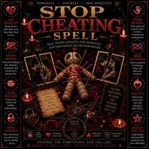 May include: A dark-themed graphic featuring a central burlap voodoo doll pierced with pins, surrounded by two torn photographs of couples, red candles, and text including 'STOP CHEATING SPELL' and 'SEAL THEIR LOYALTY. END BETRAYAL.' with various occult symbols.
