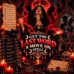 May include: A dark fantasy illustration featuring a central figure with a crown, surrounded by red candles, a black cat, a stack of books labeled with life goals, a cracked mirror, a skull, and a letter with the text The Last Word Then I Move On.