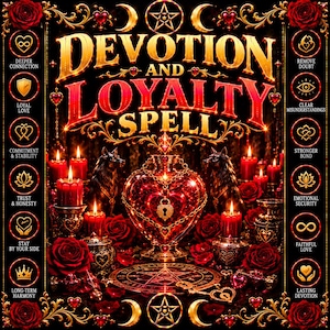 May include: A decorative graphic featuring the text Devotion and Loyalty Spell in gold and red lettering. The design includes a central heart-shaped glass vessel, red roses, lit candles, two wolf figures, and a pentagram, framed by circular icons.