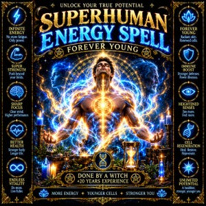 Peut inclure: Une affiche numérique intitulée SUPERHUMAN ENERGY SPELL FOREVER YOUNG représentant une figure centrale entourée d'énergie bleue et dorée. Le design inclut des panneaux latéraux avec des icônes et du texte décrivant des bénéfices comme l'énergie infinie.