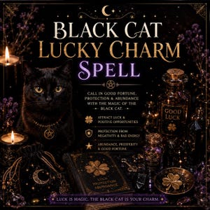 May include: A black cat with a pentagram collar, a black velvet pouch with a moon emblem, a book titled LUCK PROTECTION ABUNDANCE, and a glass bottle labeled GOOD LUCK. The text reads BLACK CAT LUCKY CHARM SPELL and lists benefits like protection.