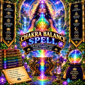 Puede incluir: Una ilustración digital titulada CHAKRA BALANCE SPELL que presenta una figura central con chakras brillantes, un caldero dorado, una pila de siete libros de colores etiquetados por chakra, una bola de cristal y pancartas con texto sobre energía.