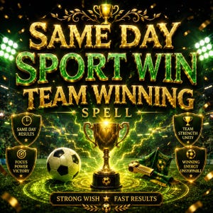 May include: A digital graphic featuring the text SAME DAY SPORT WIN TEAM WINNING SPELL in gold and green. A central gold trophy sits above a football and a whistle. Four shields display icons and text including SAME DAY RESULTS and FOCUS POWER VICTORY.