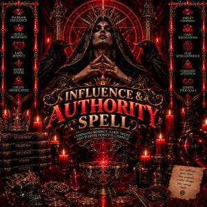 May include: A dark, ornate graphic featuring a central figure in a crown and robes, flanked by two black ravens. The text reads "INFLUENCE & AUTHORITY SPELL" with lists of goals like "INCREASE INFLUENCE" and "AMPLIFY CHARISMA" amidst red candles and a pentagram bowl.