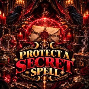 以下が含まれることがあります： 金と赤の文字で「PROTECT A SECRET SPELL」と書かれたダークファンタジー風のグラフィック。画像には、2羽の黒いカラス、五芒星のワックスシールが施された羊毛紙の封筒、鍵の入った水晶玉、そしてキャンドルが描かれています。