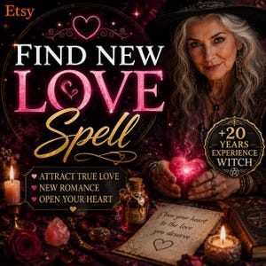 May include: A digital graphic featuring the text FIND NEW LOVE SPELL, with bullet points for ATTRACT TRUE LOVE, NEW ROMANCE, and OPEN YOUR HEART. A person with long grey hair holds a glowing pink heart, with candles, a potion bottle, and a note.