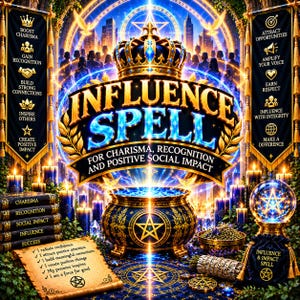May include: A digital graphic titled INFLUENCE SPELL featuring a golden crown, a central cauldron with a pentagram, and two banners listing goals like boost charisma and attract opportunities. A scroll with text and a crystal ball are also visible.