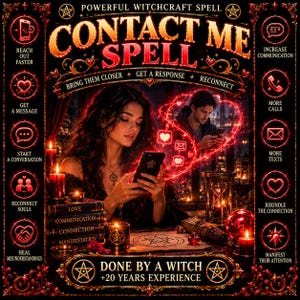 Può includere: Un grafico digitale intitolato POWERFUL WITCHCRAFT SPELL CONTACT ME SPELL che mostra una persona che guarda uno smartphone, circondata da icone rosse luminose, candele, libri etichettati LOVE, COMMUNICATION, CONNECTION, MANIFESTATION e il testo DONE BY A WITCH +20 YEARS EXPERIENCE.