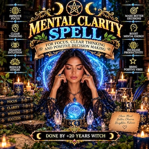 Könnte beinhalten: Eine digitale Grafik mit dem Titel Mental Clarity Spell, die eine Person mit Händen an den Schläfen, eine leuchtende Kristallkugel mit Gehirnabbildung, Bücherstapel mit der Aufschrift Focus, Clarity, Wisdom, Success und Text über mentale Energie zeigt.