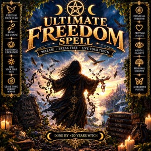 Pode incluir: Uma ilustração digital intitulada Ultimate Freedom Spell apresentando uma pessoa com túnica escura quebrando correntes contra uma paisagem ao pôr do sol. A imagem inclui texto, símbolos e ícones de liberdade, paz, amor e abundância.