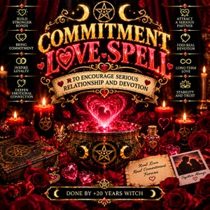 Puede incluir: Un caldero negro decorativo con símbolos de pentagrama dorados rodeado de rosas rojas y velas. El texto dice: COMMITMENT LOVE SPELL, TO ENCOURAGE SERIOUS RELATIONSHIP AND DEVOTION, DONE BY +20 YEARS WITCH, Real Love Real Commitment Forever, Together Always.