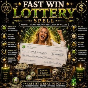Könnte beinhalten: Eine digitale Grafik mit dem Titel FAST WIN LOTTERY SPELL, die eine Person mit einem großen Scheck über 1.500.000,00 $ zeigt. Das Bild enthält grüne Kerzen, Lotteriekugeln, einen mit Bargeld gefüllten Kessel und Text über Reichtum.