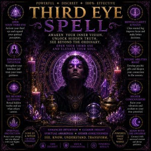 May include: A digital graphic titled Third Eye Spell featuring a person with eyes closed, surrounded by purple glowing candles, crystals, and mystical symbols. Text includes: Awaken your inner vision, unlock hidden truth, see beyond the ordinary.