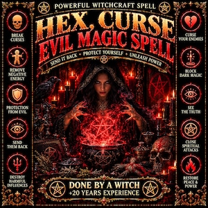 Może przedstawiać: Cyfrowa grafika przedstawiająca postać w kapturze za świecącym na czerwono kociołkiem z pentagramem. Tekst brzmi: HEX, CURSE EVIL MAGIC SPELL, SEND IT BACK, PROTECT YOURSELF, UNLEASH POWER, DONE BY A WITCH +20 YEARS EXPERIENCE.