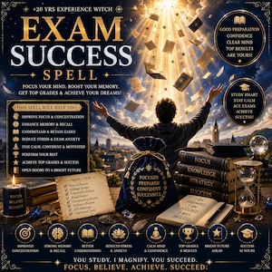 May include: A dark blue velvet drawstring pouch with gold embroidery reading FOCUSED PREPARED CONFIDENT SUCCESSFUL, surrounded by books labeled FOCUS, KNOWLEDGE, STRATEGY, SUCCESS, an hourglass, a candle, and a person reaching toward floating books.