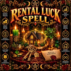 Peut inclure: Un graphique décoratif avec le texte RENTAL LUCK SPELL, une maison miniature, deux clés ornées, une bougie verte, un parchemin intitulé RENTAL AGREEMENT et diverses icônes dont un pentagramme, un trèfle et une maison sur fond sombre.