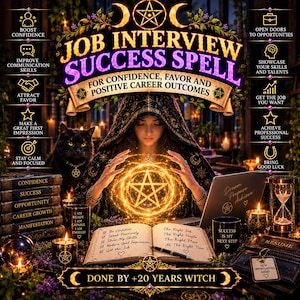 May include: A digital graphic titled Job Interview Success Spell featuring a hooded figure with a glowing pentagram, a black cat, books, a candle, an hourglass, and a notebook with a checklist. Text includes Done by +20 Years Witch.