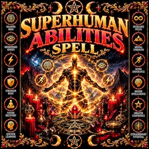 May include: A digital graphic titled SUPERHUMAN ABILITIES SPELL featuring a glowing central figure surrounded by golden energy, red candles, and occult symbols. The border contains icons and text labels like SHARPER MIND and GREATER CONFIDENCE.