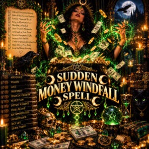 Op de afbeelding: Een digitale illustratie van een persoon met donker haar en een kroon, omringd door zwevend geld en groene energie. Een ketel draagt de tekst "SUDDEN MONEY WINDFALL SPELL". Een stapel boeken bevat termen zoals "ABUNDANCE" en "WEALTH".