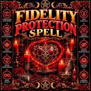 Peut inclure: Un graphique numérique intitulé FIDELITY PROTECTION SPELL présentant un cœur rouge brillant central avec un pentagramme, entouré de bougies rouges, de roses et de bordures dorées ornées. Dix icônes circulaires avec du texte décrivent des objectifs.