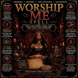 Könnte beinhalten: Eine dunkle, verzierte Grafik mit dem Text Worship Me Spell, umgeben von roten Kerzen, einem Totenkopf und einer zentralen Figur mit Krone. Das Bild enthält verschiedene kreisförmige Symbole wie Herzen, Augen und Pentagramme sowie beschreibenden Text.