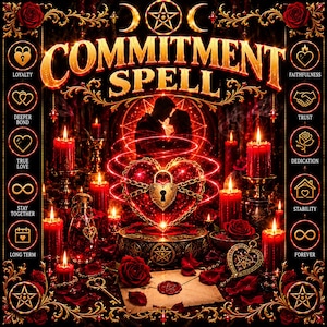 Op de afbeelding: Een digitale afbeelding getiteld COMMITMENT SPELL met een centraal gloeiend rood hart met een gouden hangslot en kettingen, omringd door rode kaarsen, rozen en silhouetten van een koppel, omlijst door iconen met thema's over relaties.