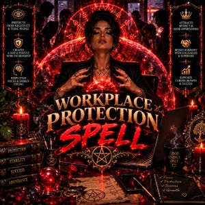 以下が含まれることがあります： Workplace Protection Spellと題されたデジタルグラフィック。赤いエネルギーに包まれた中央の人物と、ネガティブなものからの保護、キャリアの成長、成功といった利点を説明するテキスト、キャンドル、本、五芒星が描かれています。