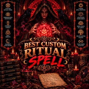 Puede incluir: Un gráfico digital que muestra una figura encapuchada con dos cuervos, un pentagrama rojo brillante y el texto BEST CUSTOM RITUAL SPELL. La imagen incluye listas de servicios rituales, velas, un cáliz y un pergamino con casillas.