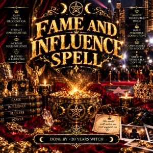 May include: A gold-toned display featuring a central bowl with a pentagram, surrounded by candles, books labeled Fame, Influence, Success, and Power, and a note stating The world will notice me and support me, all set against a red velvet backdrop.