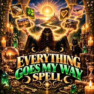 Może przedstawiać: Cyfrowa ilustracja z napisem EVERYTHING GOES MY WAY SPELL. Postać z długimi ciemnymi włosami stoi przed świecącą ścieżką prowadzącą do zamku, otoczona unoszącymi się obrazami pieniędzy, koniczyny, serca, samolotu i samochodu.