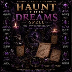 May include: A dark purple and black graphic featuring the text HAUNT THEIR DREAMS SPELL. The image displays a glass bottle, two lit candles, a mirror showing a person sleeping, and two parchment papers with lists and text about dream magic.
