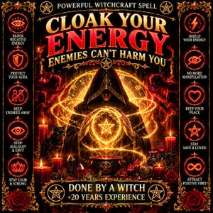 May include: A digital graphic featuring a hooded figure casting a spell with glowing golden energy, surrounded by candles, a black cat, and a cauldron. Text reads: POWERFUL WITCHCRAFT SPELL, CLOAK YOUR ENERGY, ENEMIES CAN'T HARM YOU, DONE BY A WITCH +20 YEARS EXPERIENCE.