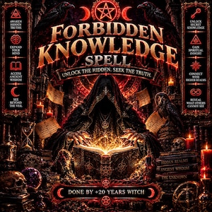 May include: A dark fantasy poster titled FORBIDDEN KNOWLEDGE SPELL with the text UNLOCK THE HIDDEN. SEEK THE TRUTH. A hooded figure reads a glowing book surrounded by skulls, an owl, candles, and an hourglass. The border features occult symbols.