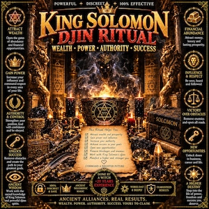 Puede incluir: Un gráfico digital titulado King Solomon Djin Ritual que muestra un caldero central con un hexagrama, rodeado de estatuas de leones dorados, velas y texto que detalla beneficios como riqueza, poder, autoridad y éxito en un entorno oscuro.