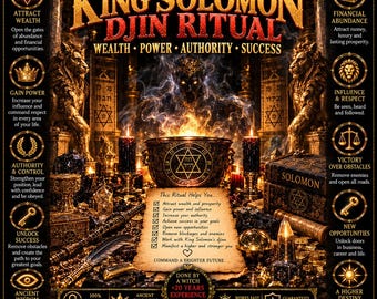 May include: A digital graphic titled King Solomon Djin Ritual featuring a central cauldron with a hexagram, surrounded by golden lion statues, candles, and text detailing benefits like wealth, power, authority, and success in a dark, ornate setting.