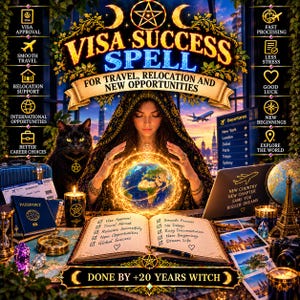 May include: A digital illustration titled Visa Success Spell featuring a person in a dark hooded cloak holding a glowing globe. The scene includes a black cat, a passport, an open book with a checklist, travel icons, and text about relocation.