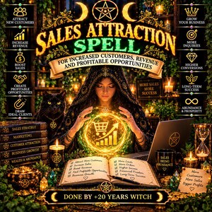 Może przedstawiać: Cyfrowa grafika zatytułowana Sales Attraction Spell przedstawiająca postać w kapturze z świecącą kulą zawierającą wózek sklepowy i wykres wzrostu. Obraz zawiera listy tekstowe, czarnego kota, książki, świece i klepsydrę.
