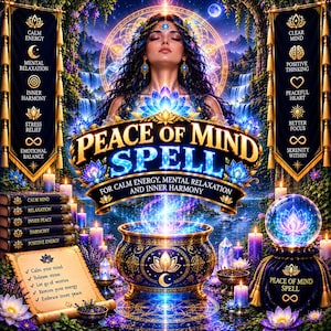 Puede incluir: Una ilustración digital que presenta una figura central con los ojos cerrados, un caldero brillante y un pergamino con el texto Peace of Mind Spell. La escena incluye pancartas con iconos y texto como Calm Energy y Clear Mind, rodeados de velas, cristales y flores de loto en tonos azules, dorados y morados.