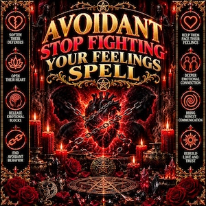 Puede incluir: Un gráfico oscuro y ornamentado con el texto AVOIDANT STOP FIGHTING YOUR FEELINGS SPELL. Un corazón rojo brillante central está encadenado, rodeado de velas rojas, rosas y símbolos ocultos. Ocho iconos circulares con texto bordean la imagen.