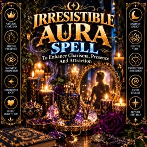 Könnte beinhalten: Ein dunkelblauer Parfümflakon mit goldenen Himmelsymbolen steht zwischen brennenden Kerzen, violetten Kristallen und einem goldgerahmten Spiegel. Der Text lautet Irresistible Aura Spell To Enhance Charisma, Presence And Attraction, umgeben von Symbolen.