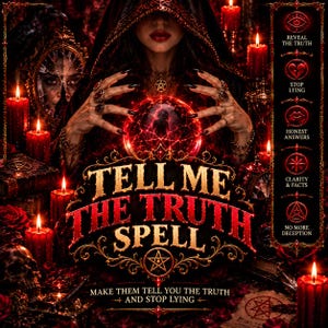 Puede incluir: Un gráfico de temática oscura con una figura encapuchada con las manos sobre una bola de cristal roja brillante. El texto dice "TELL ME THE TRUTH SPELL", "MAKE THEM TELL YOU THE TRUTH AND STOP LYING" e incluye iconos con "REVEAL THE TRUTH", "STOP LYING", "HONEST ANSWERS", "CLARITY & FACTS" y "NO MORE DECEPTION".