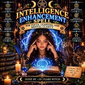 May include: A digital illustration titled Intelligence Enhancement Spell for Focus, Learning and Mental Clarity. It features a person with dark hair, an owl, stacked books labelled Knowledge, Wisdom, Focus, Success, and a glowing blue brain icon.