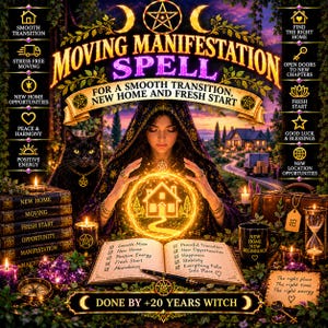 May include: A digital illustration titled Moving Manifestation Spell featuring a person in a dark hooded cloak with a black cat, a glowing house symbol, a checklist book, candles, and text including Done by +20 Years Witch and New Home New Beginnings.
