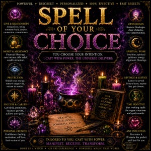 Peut inclure: Une affiche graphique noire intitulée SPELL OF YOUR CHOICE avec du texte violet et une imagerie mystique. Elle présente un chaudron central avec de la fumée violette, des cristaux, des bougies et un livre ouvert. Le design inclut des icônes.