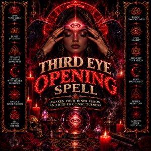 May include: A digital graphic titled Third Eye Opening Spell featuring a central figure with a glowing third eye, flanked by two ravens. Below, a crystal ball sits on a circular mat. Two vertical side panels display ten icons with text.