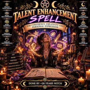 Könnte beinhalten: Eine digitale Grafik mit dem Titel Talent Enhancement Spell, die eine Person umgeben von leuchtenden Symbolen wie Mikrofon, Glühbirne, Feder, Kamera und Musiknote zeigt. Ein offenes Buch zeigt den Text My Talent, My Power, My Voice, My Art, My Future.